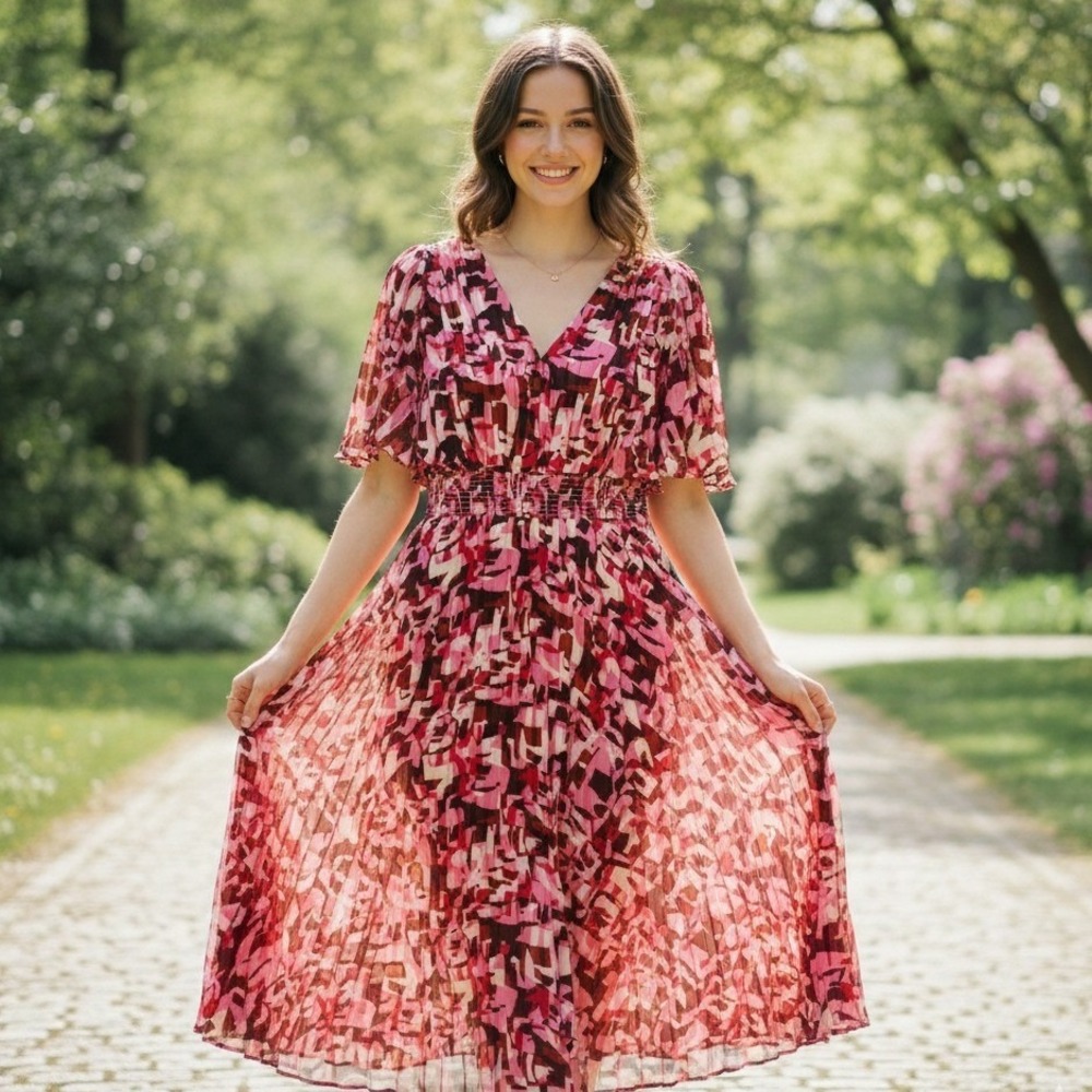 Express Pink & Red Geometric Pleated Midi Dress - Size S‎